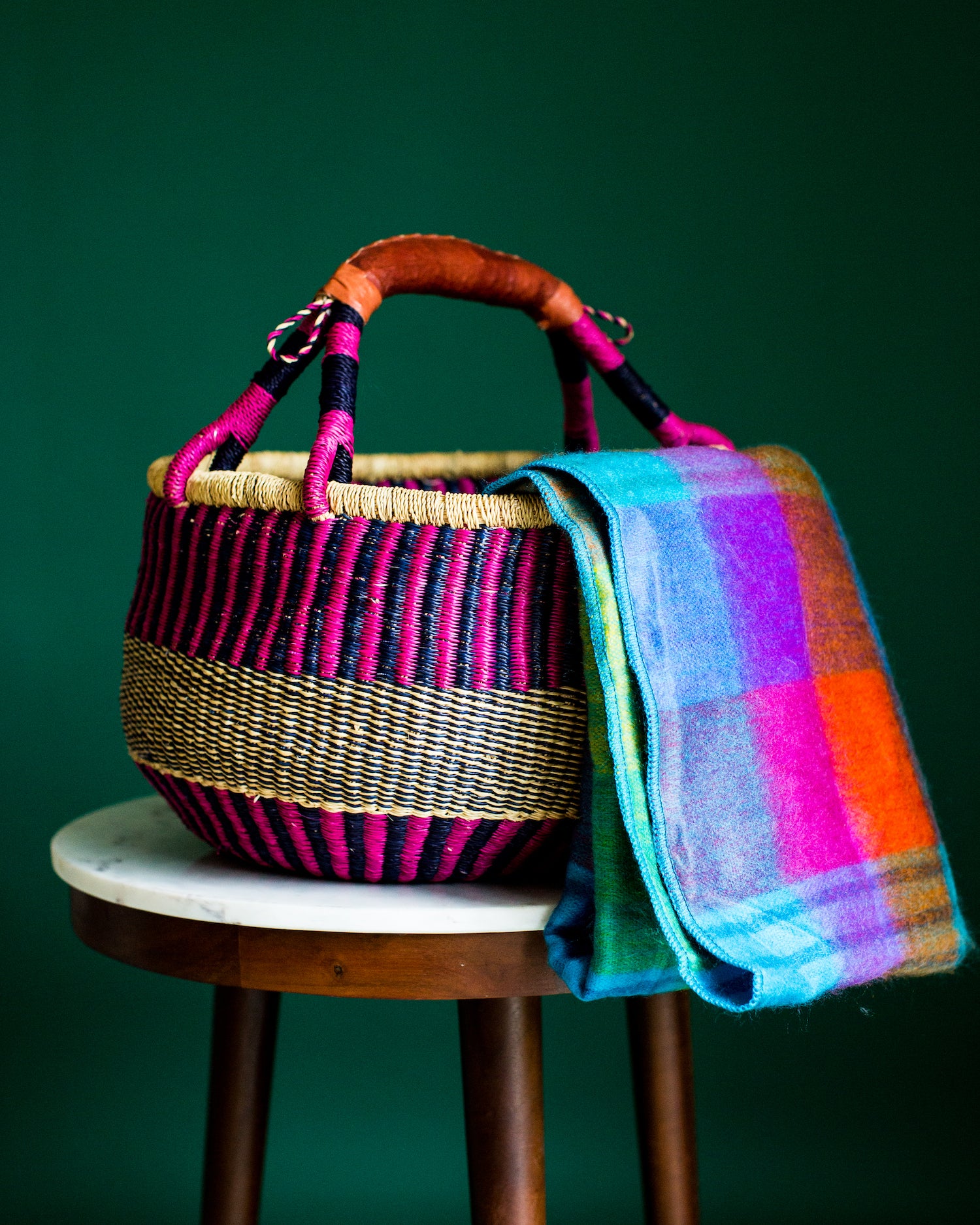 Bolga African Market Basket and Ecuadorian Blanket Set