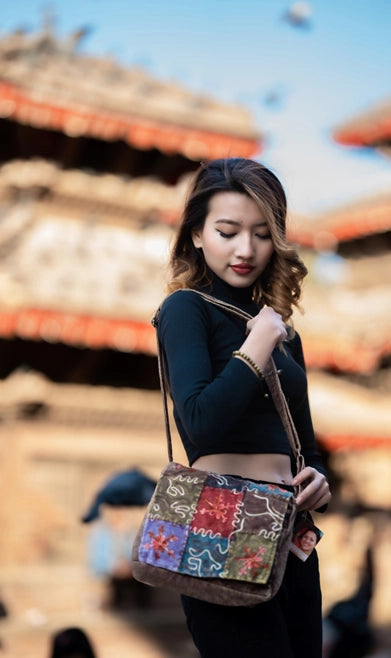 Brown Embroidered Patchwork Bag