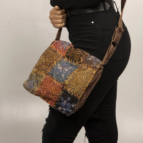 Brown Embroidered Patchwork Bag