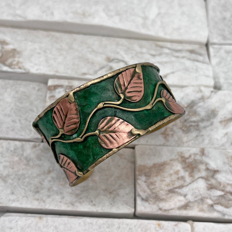 Green Leaves and Vines Brass Patina Cuff