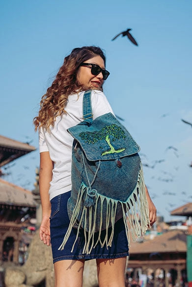 Denim Washed Tree of Life Fringe Backpack