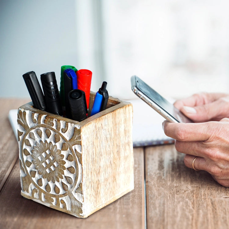 Whitewash Wooden Pen Holder