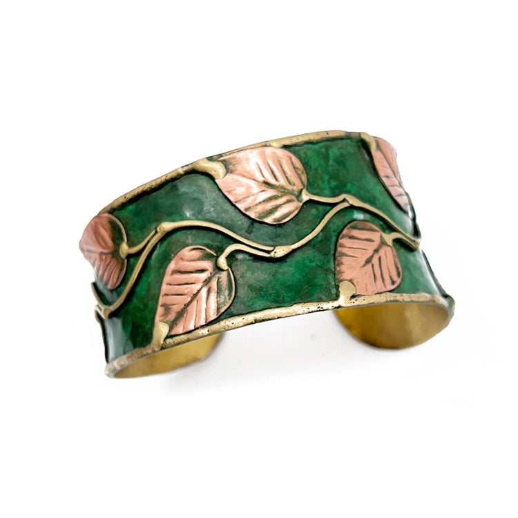 Green Leaves and Vines Brass Patina Cuff