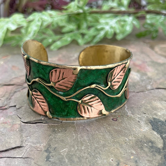 Green Leaves and Vines Brass Patina Cuff