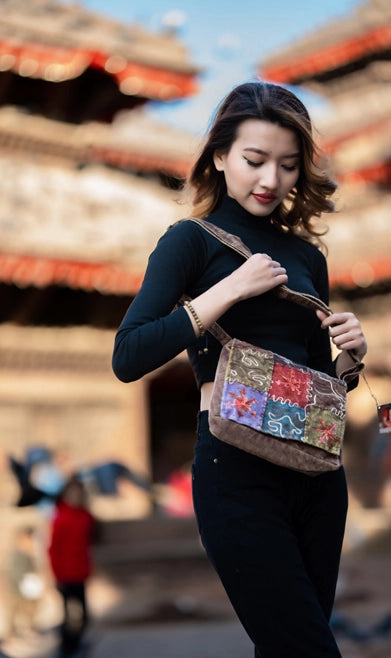 Brown Embroidered Patchwork Bag