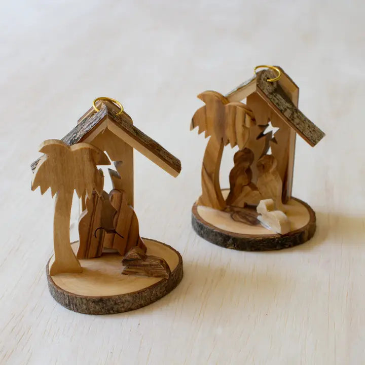 Olive Wood and Bark Nativity Ornament