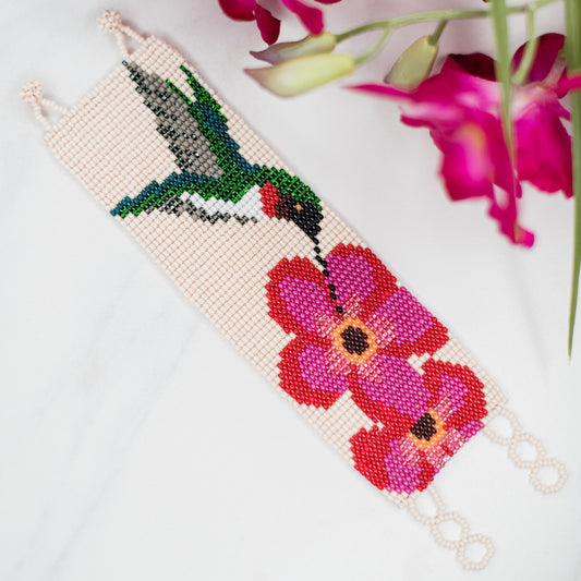 Ruby Hummingbird Beaded Cuff Bracelet