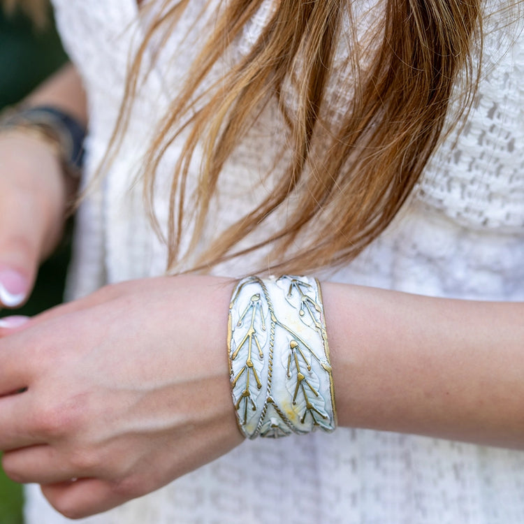 White Leaves Patina Cuff Bracelet