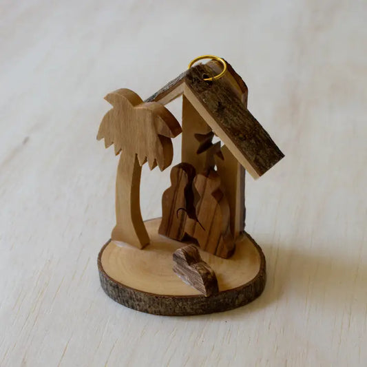 Olive Wood and Bark Nativity Ornament