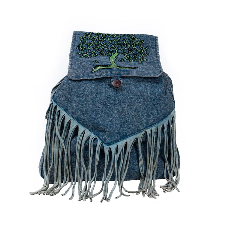 Denim Washed Tree of Life Fringe Backpack