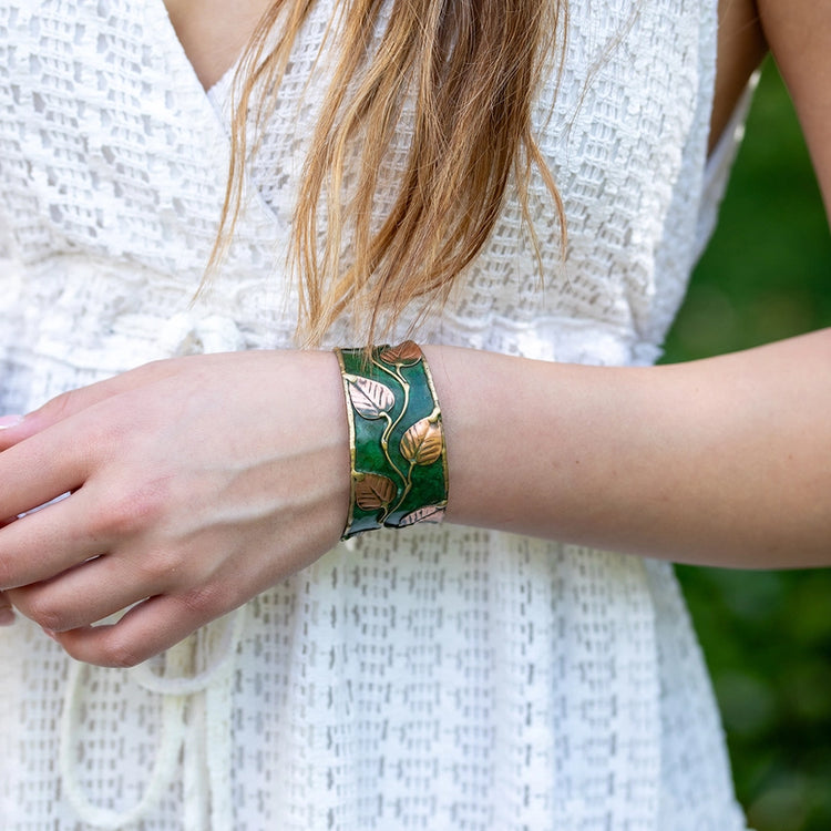 Green Leaves and Vines Brass Patina Cuff