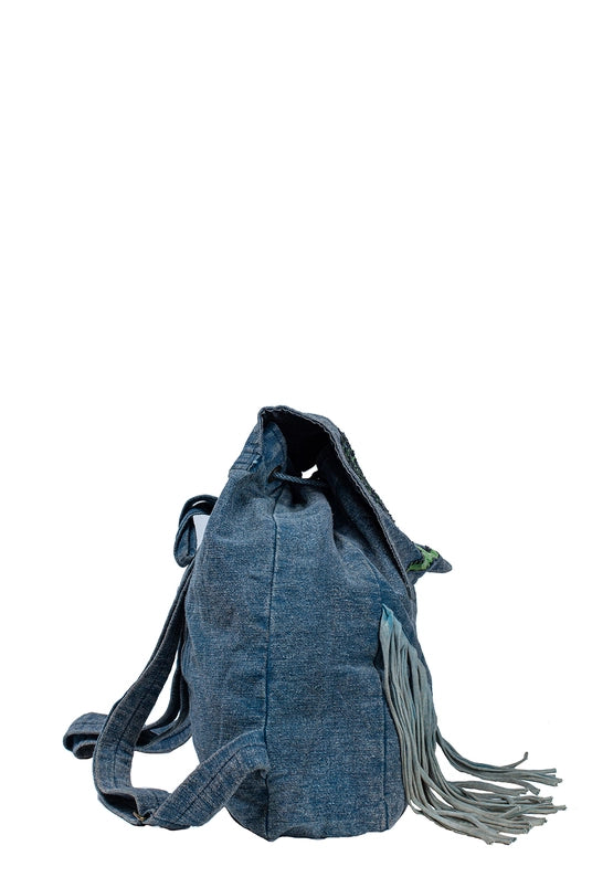 Denim Washed Tree of Life Fringe Backpack